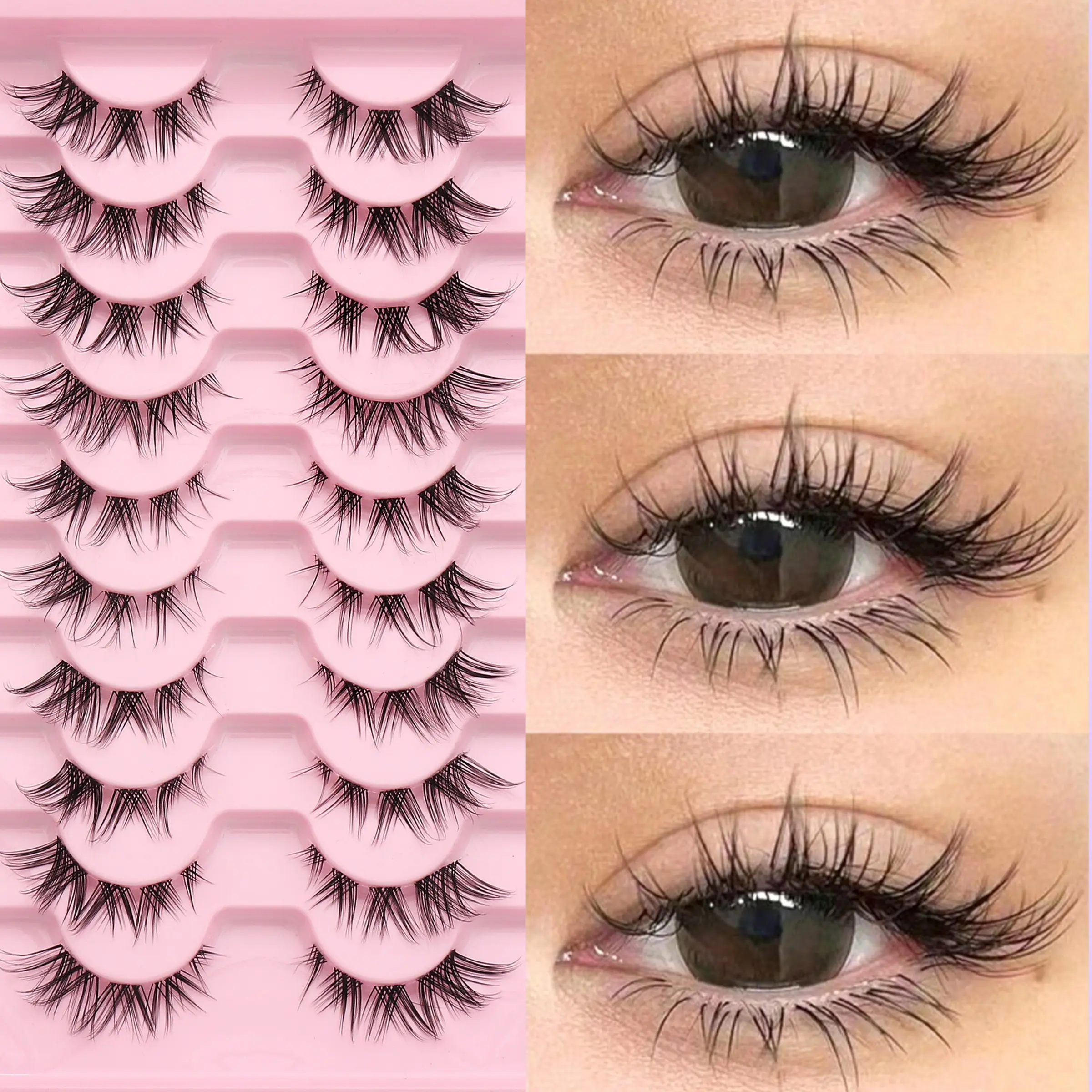 10 Pairs Fluffy False Lashes, Natural Fine Transparent Fox Fur Style, Dense Soft Curling Strip Lashes, Synthetic Fiber Makeup Tool