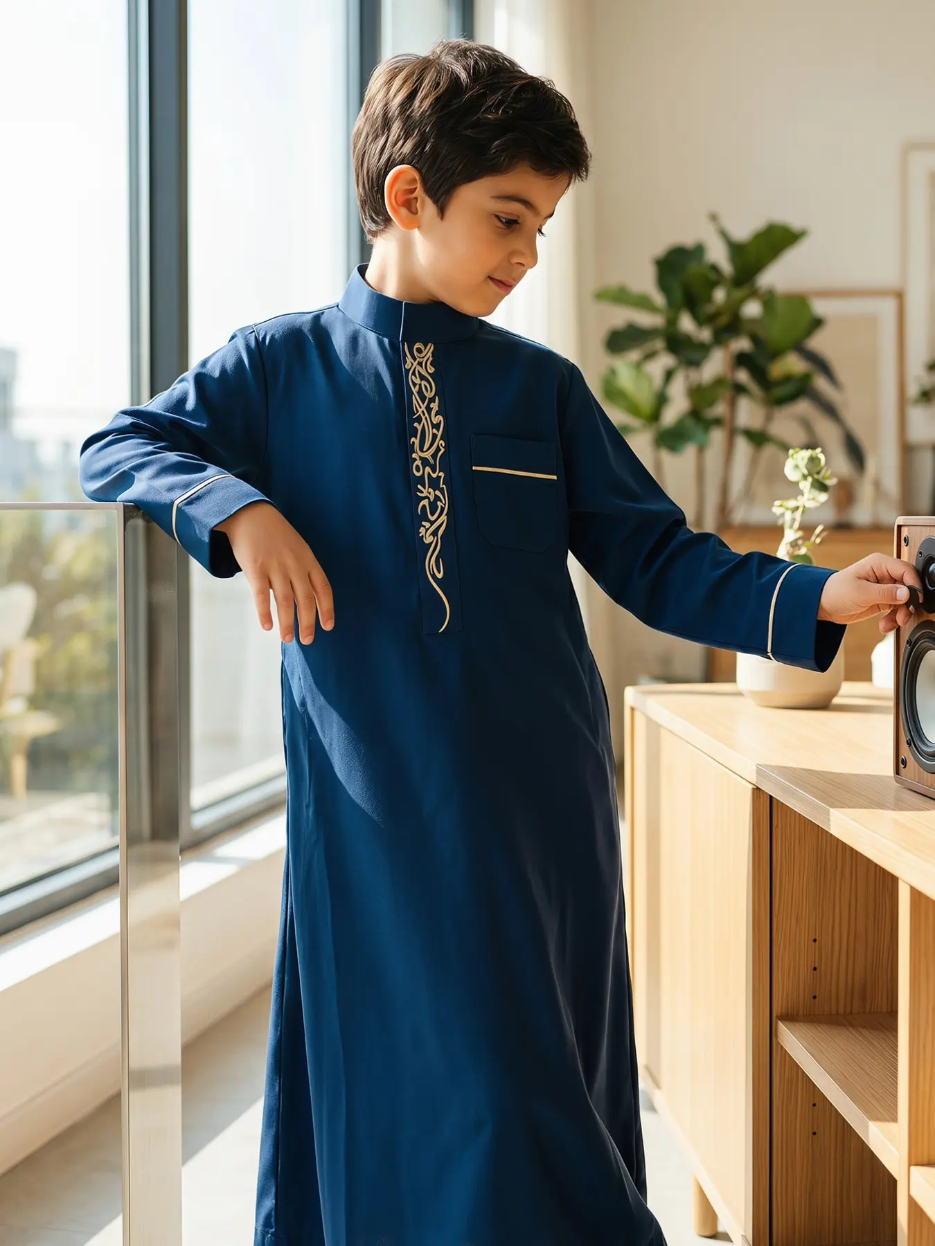 Muslim Boy Traditional Thobe, High-End Embroidered Button Design, Stand Collar Long Sleeve with Side Pockets, Suitable for Ages 8-12