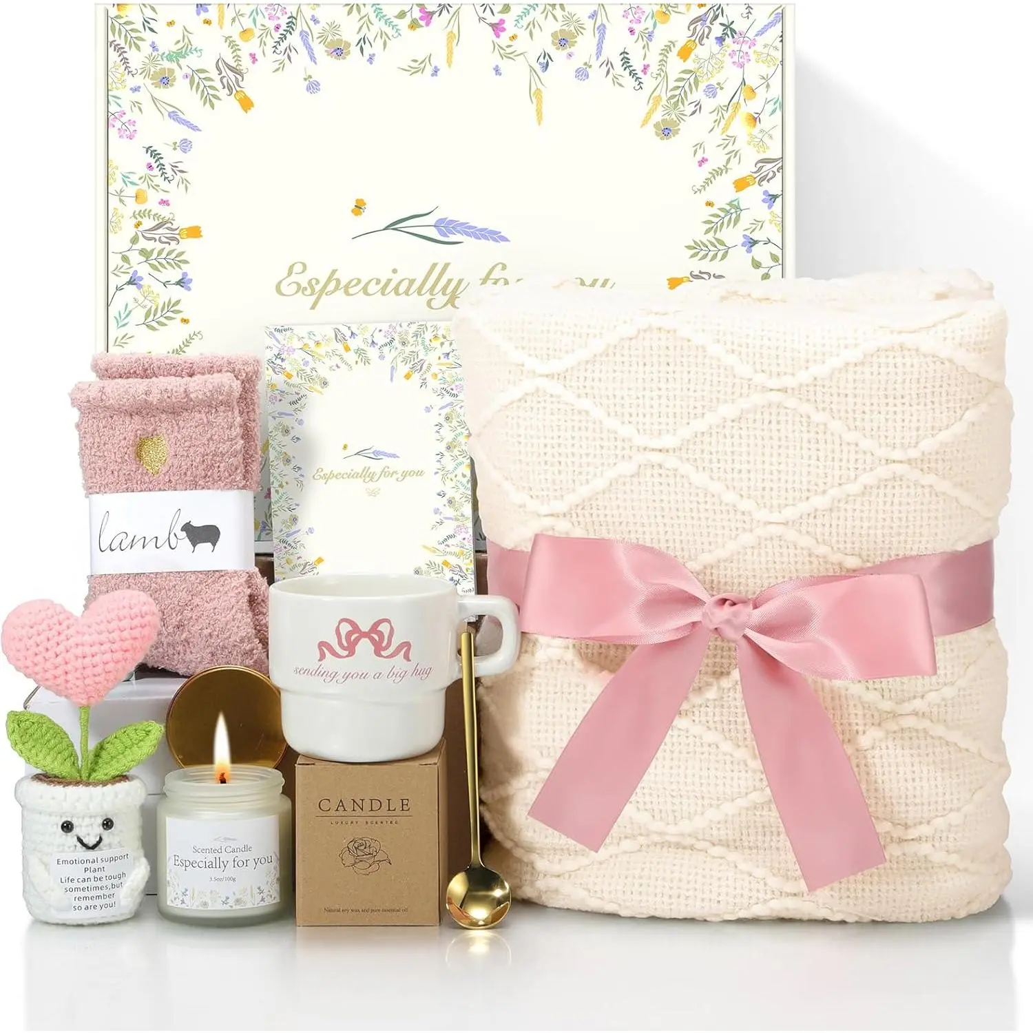 Get Well Gifts for Women Care Package - Surgery Recovery & Chemo Comfort Box, Feel Better Basket for Her After Miscarriage or Illness,Surgery Cancer, Encouraging Self-Care Gift(Pink White)