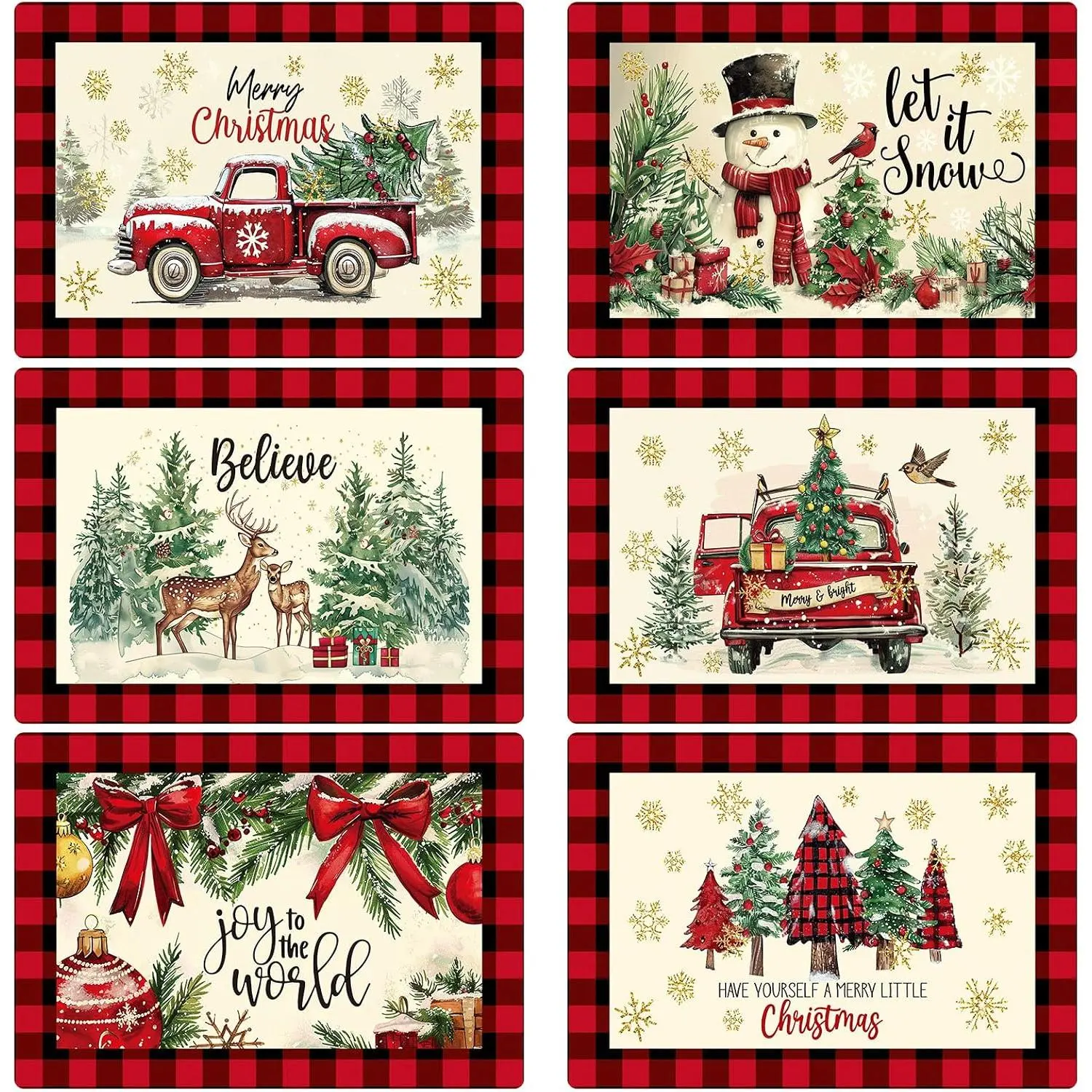 6 Pcs Winter Watercolor Placemats 12 x 17 Inches Winter Plastic Placemats Set of 6 Wipeable Table Vinyl Mats for Dining Kitchen Indoor Outdoor Party Holiday Decoration(Classic)