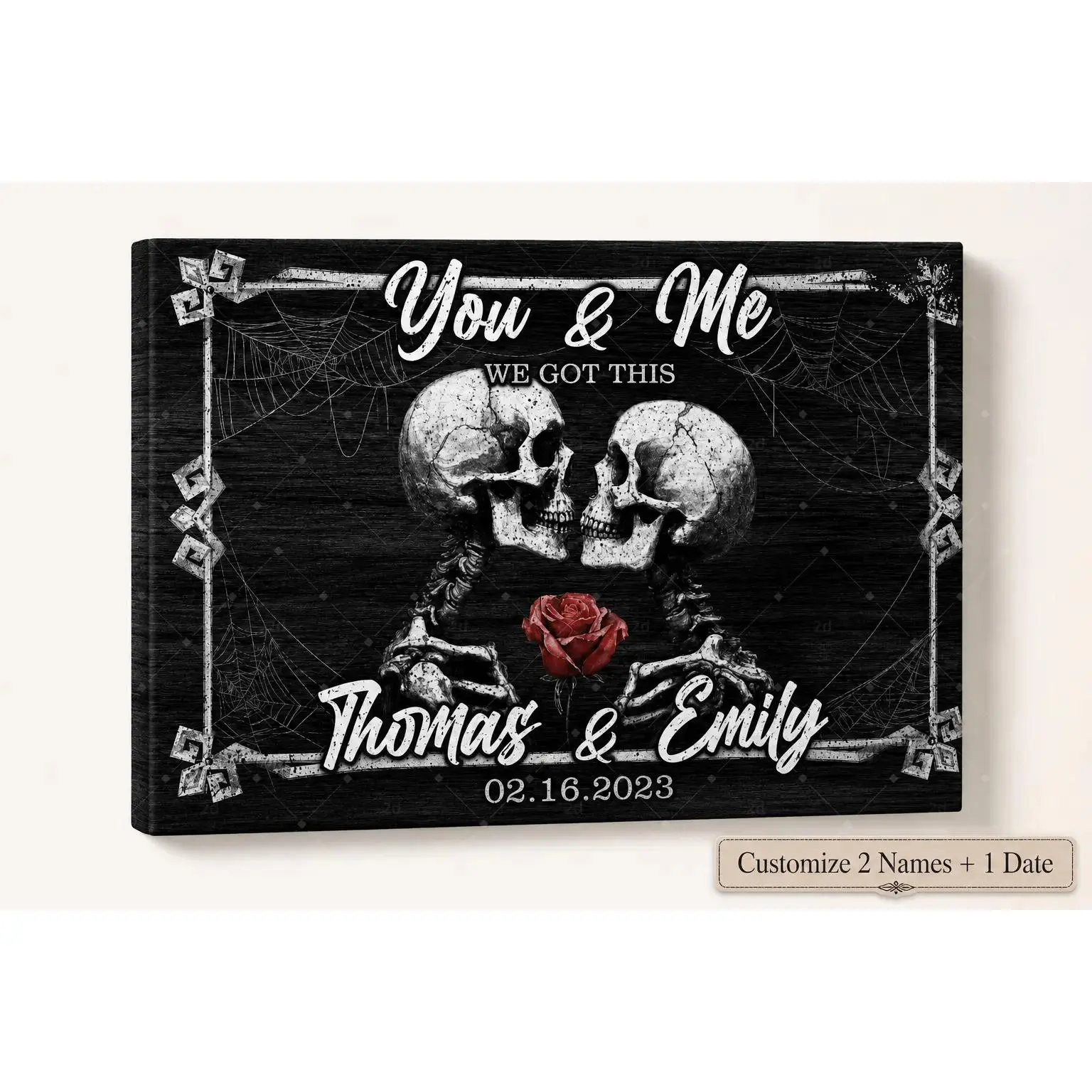 Personalized Gothic Skull Couple Canvas Wall Art, Custom Names Date Poster Print, Spooky Romantic Bedroom Decor, Alternative Halloween Love Wall Decor, Couple Gift, Unframed Canvas Poster or Framed Canvas Wrap