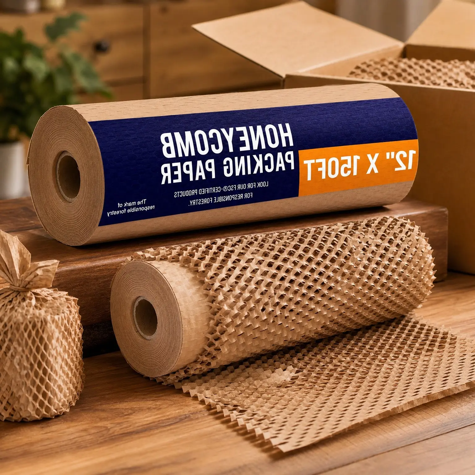 Honeycomb Packing Paper for Moving 12" x 150ft with Rope & Fragile Stickers | Eco Friendly Shipping & Moving Paper Wrap for Packing Dishes | Bubble Wrap & Packing Materials FSC CertifiedGift