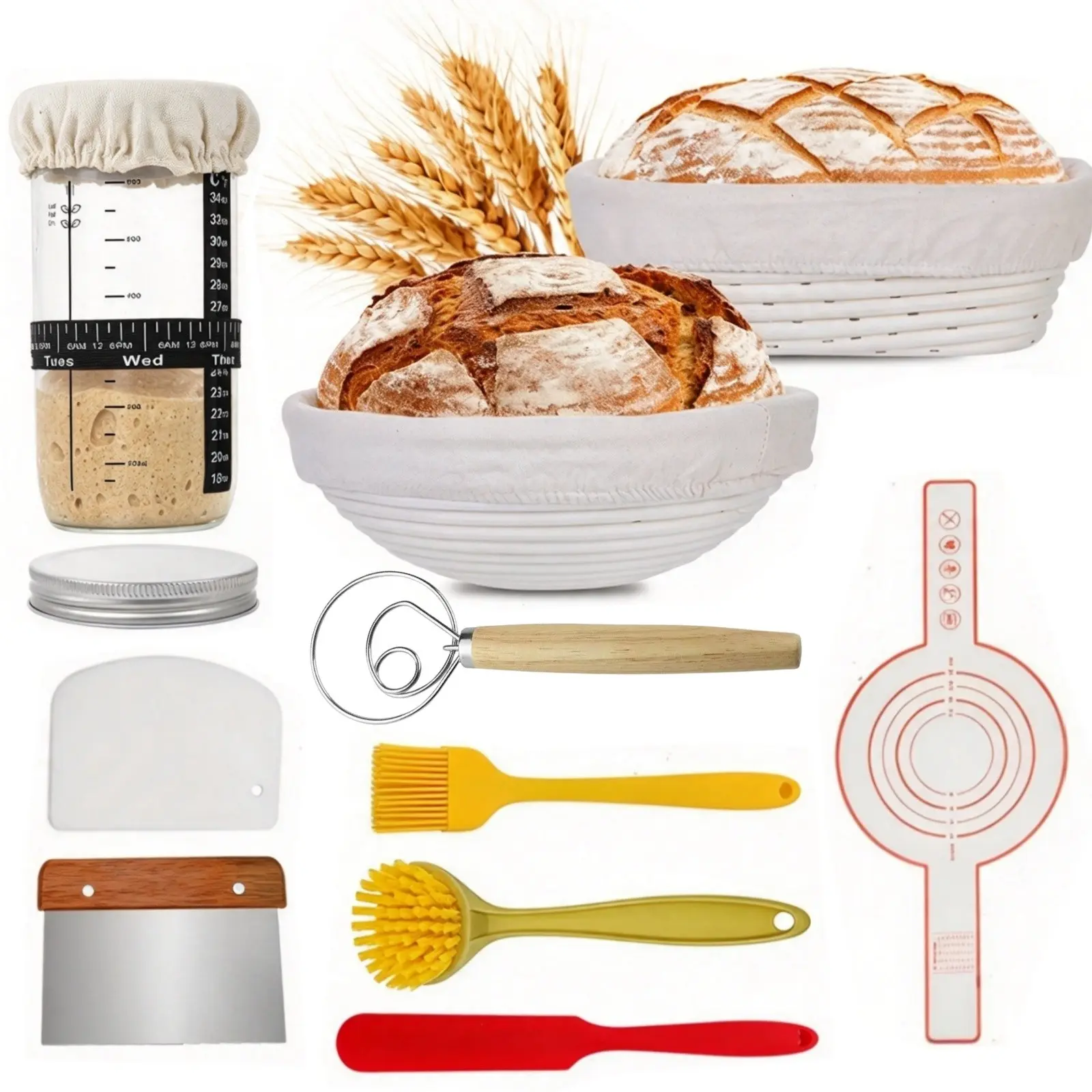 Sourdough Fermentation Basket Set, 10-Inch Oval and Round Baking Tools, Bread Proofing Kit, Dough Scraper, Gift for Bakers