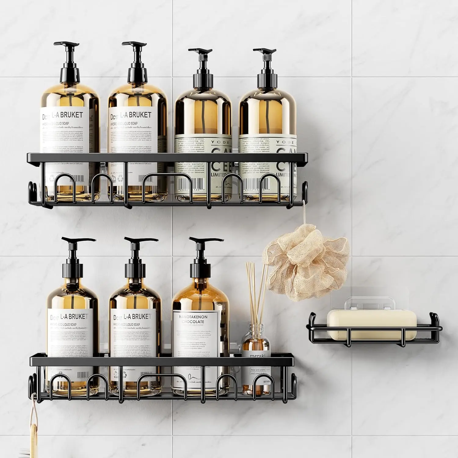 Shower , 3 Pack Shower Shelves for Inside Bathroom, Rustproof Adhesive Bathroom Organizer with Soap Holder, No Drilling Washroom Organizers and Storage for Bathtub Room/Kitchen/, Black
