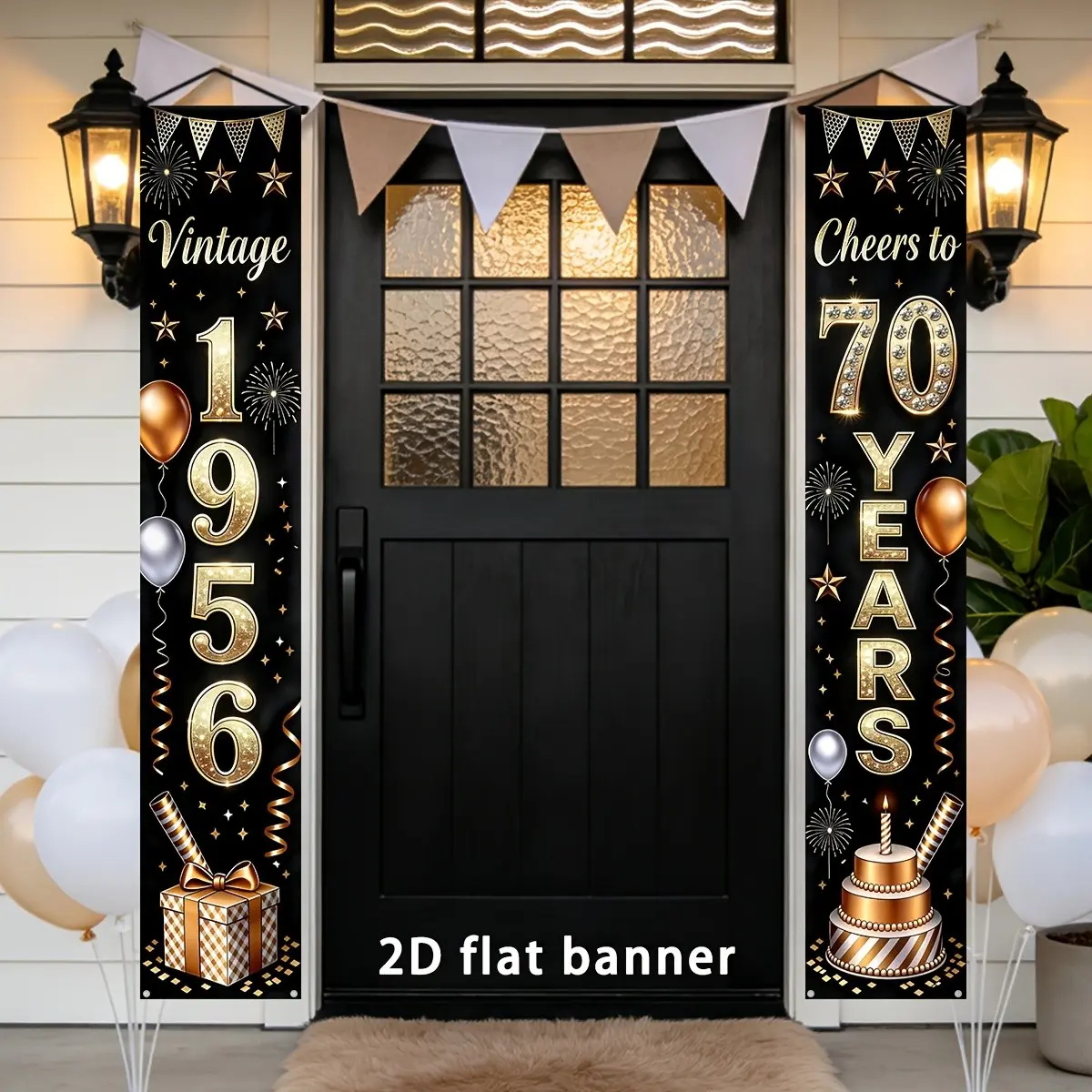 2D Plane Banner Set, 2-Piece 70th Birthday Decoration, Vintage 1956 & Happy 70th Birthday, Gold Style, Luxurious Gift