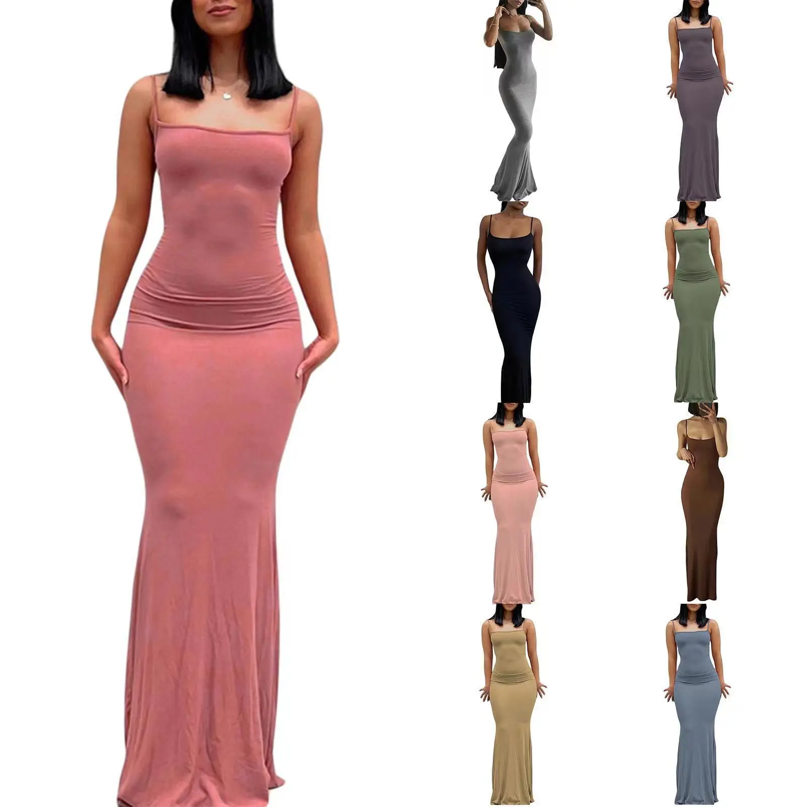 Women Spaghetti Strap Maxi Mermaid Dress, Premium Pure Desire Bodycon Dress, Sexy Slim Fit Milk Silk Long Wrap Hip Dress