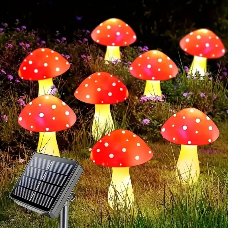 8 Pack Solar Mushroom Lights for Outside, IP65 Waterproof Solar Powered Mushroom Garden Lights, Outdoor Fairy Garden Decor with 8 Lighting Modes for Pathway Landscape Lawn Yard Cottage Decoration Red