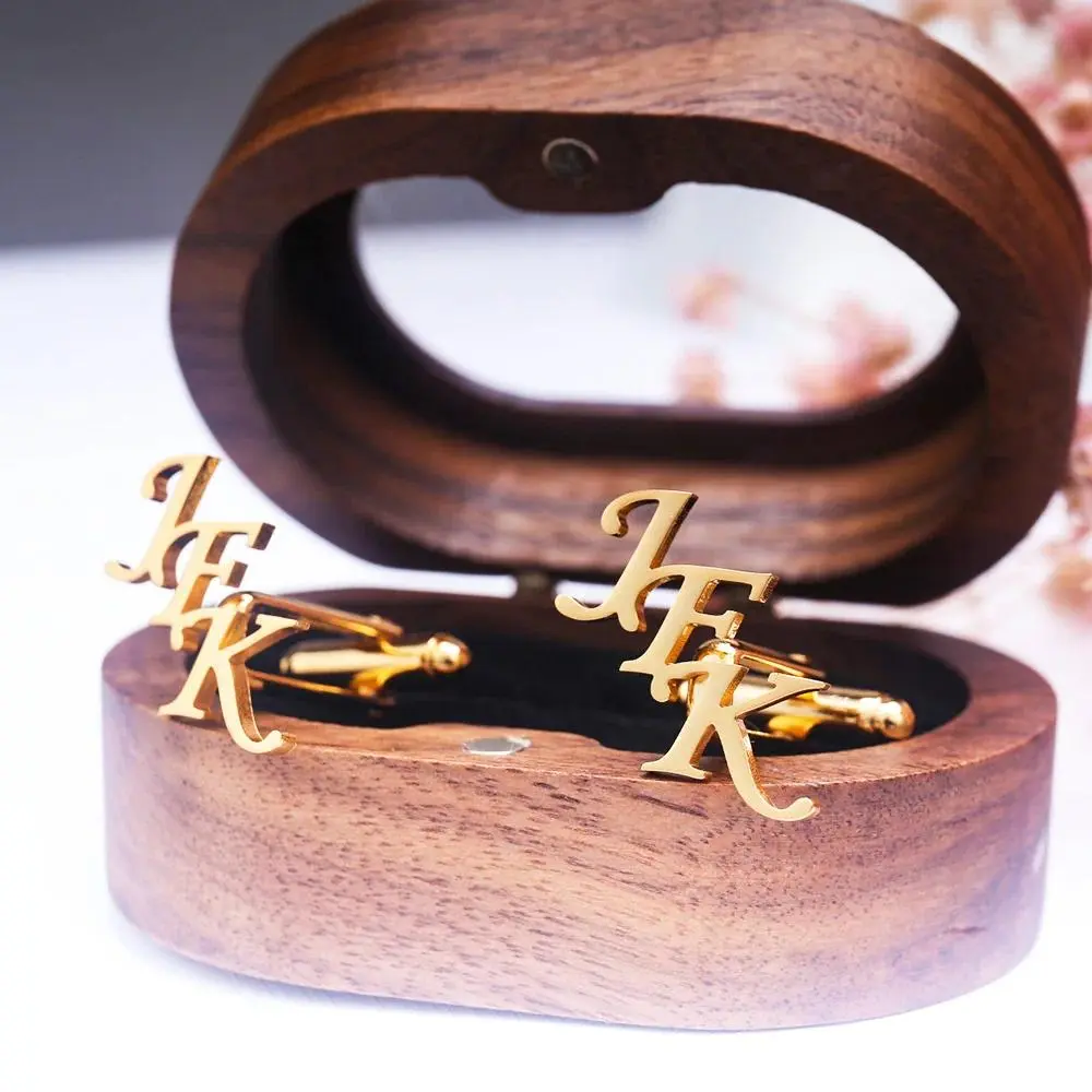 Tangula Custom Initials Cufflinks Stainless Steel Mens Cufflinks with Transparent Wood Box Personalize Wedding Jewelry Gifts