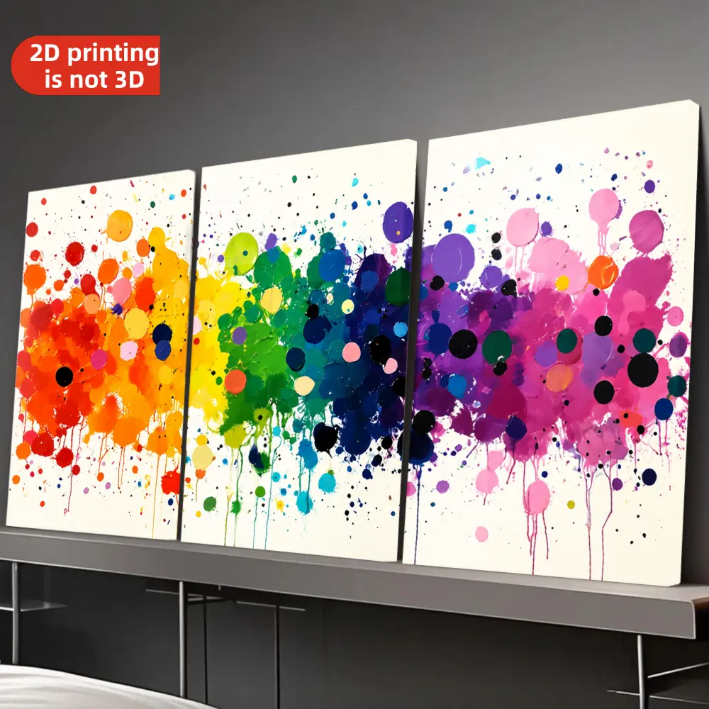 Aesthetic Room Decor Canvas ArtCanvas Wall Art 2D Flat Painting, 3-piece set of modern abstract framed canvas wall art - Rainbow watercolor splatter oil painting triptych, with wrap-around frame, suitable for living room, bedroom, home office decorat