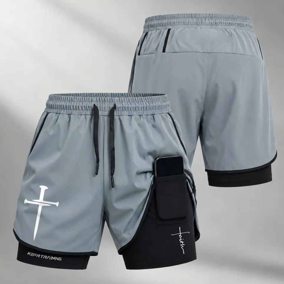 Men’s Christian Cross Graphic 2-in-1 Quick-Dry Workout Shorts, Compression Inner Liner, Phone Pocket, Adjustable Drawstring Waist for Summer Running, Gym