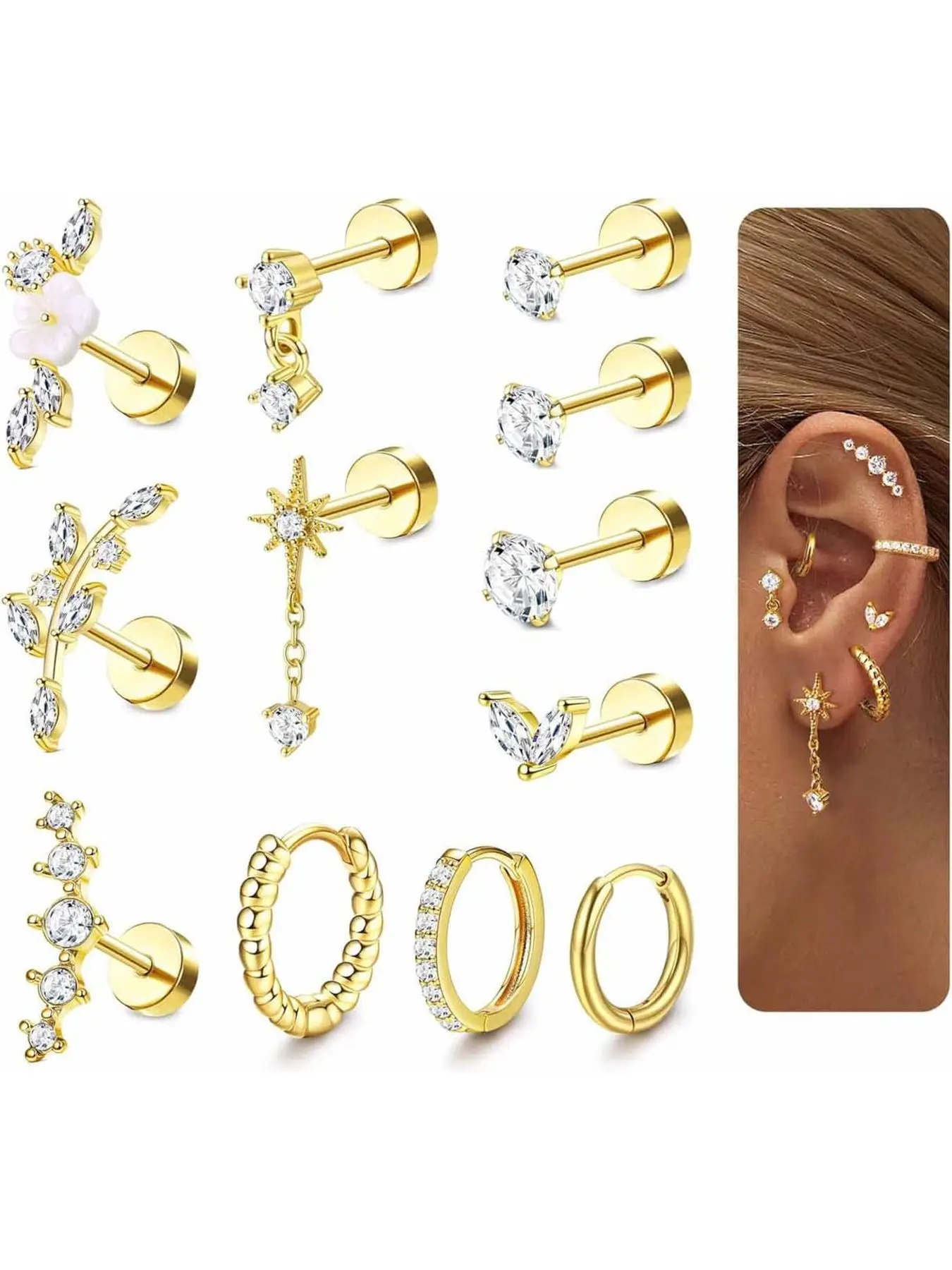 Flat Back Cartilage Earrings for Conch Tragus Helix Piercing Jewelry Hypoallergenic Earrings Pack 16 Guage Cartilage Earring Stacks,Surgical Stainless Steel Stud Hoop Earring Sets for Multiple Piercing,12 PCS