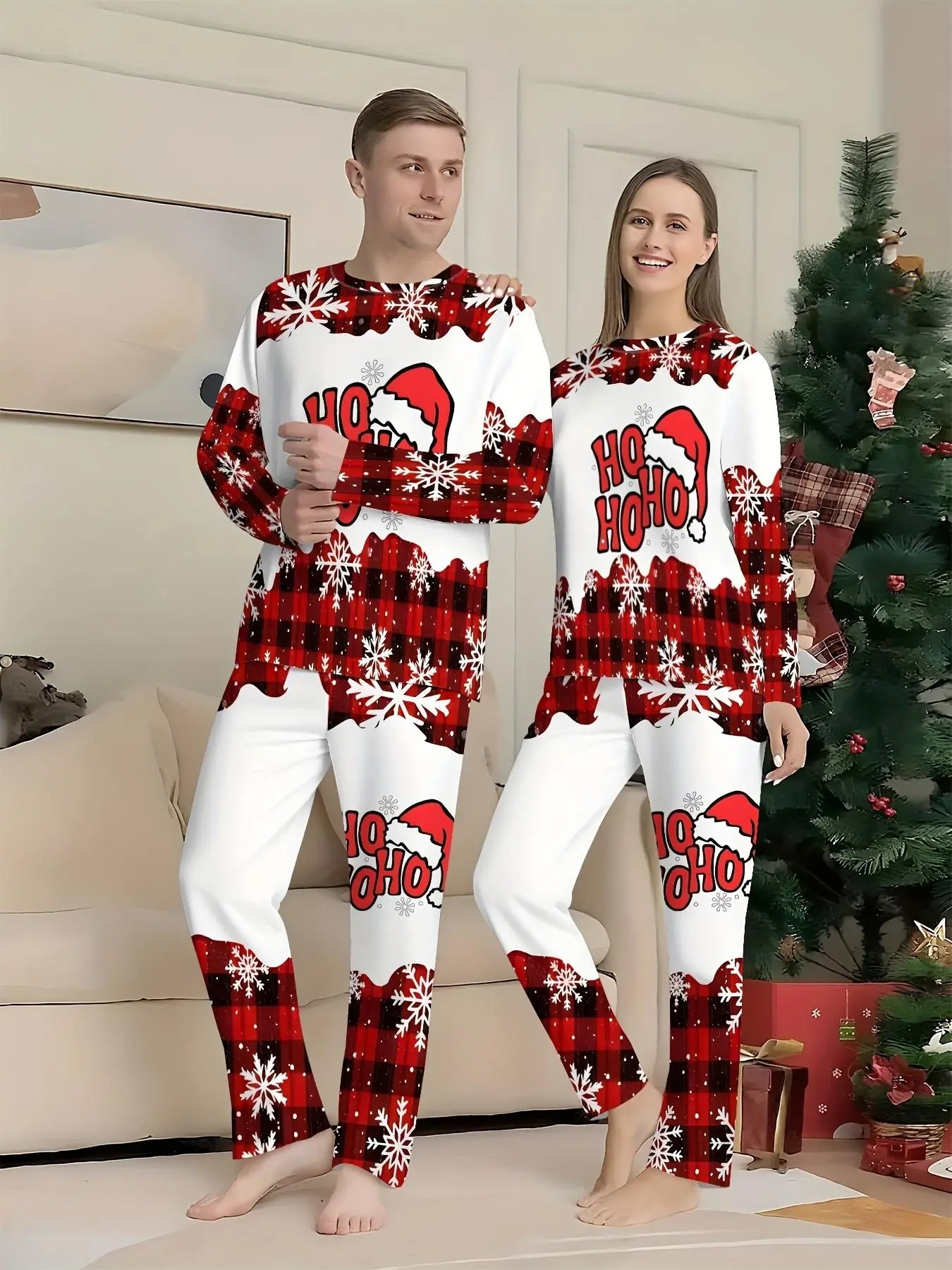 Red and black plaid snowflake spliced Christmas letter printed couple long-sleeve loungewear pajama set
