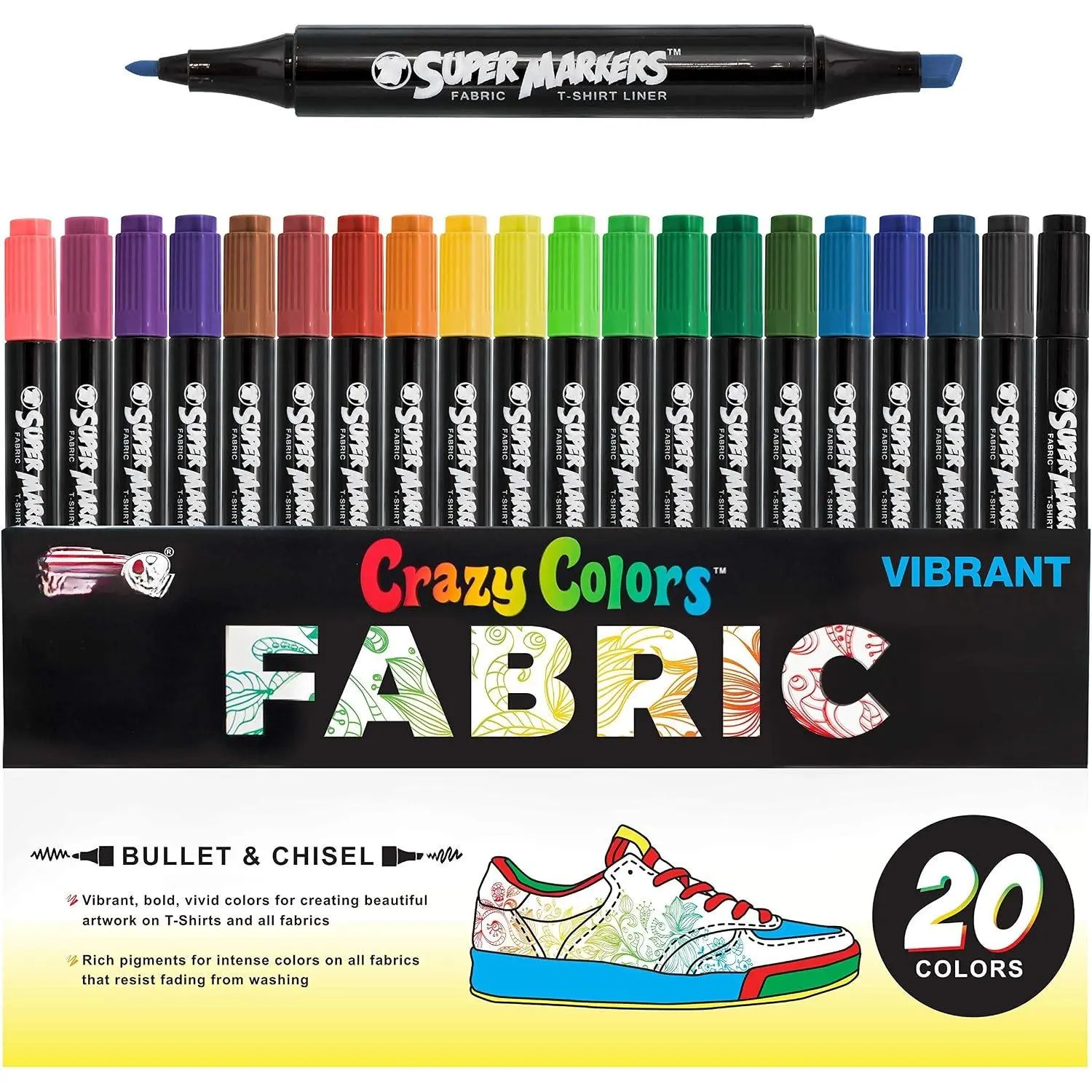 Super Markers 20   Tip Fabric Markers | Fine & Chisel Point Pens Fabric Marker Permanent for Clothes, T-Shirts - Permanent Ink Eye-Catching  & Bold Colors