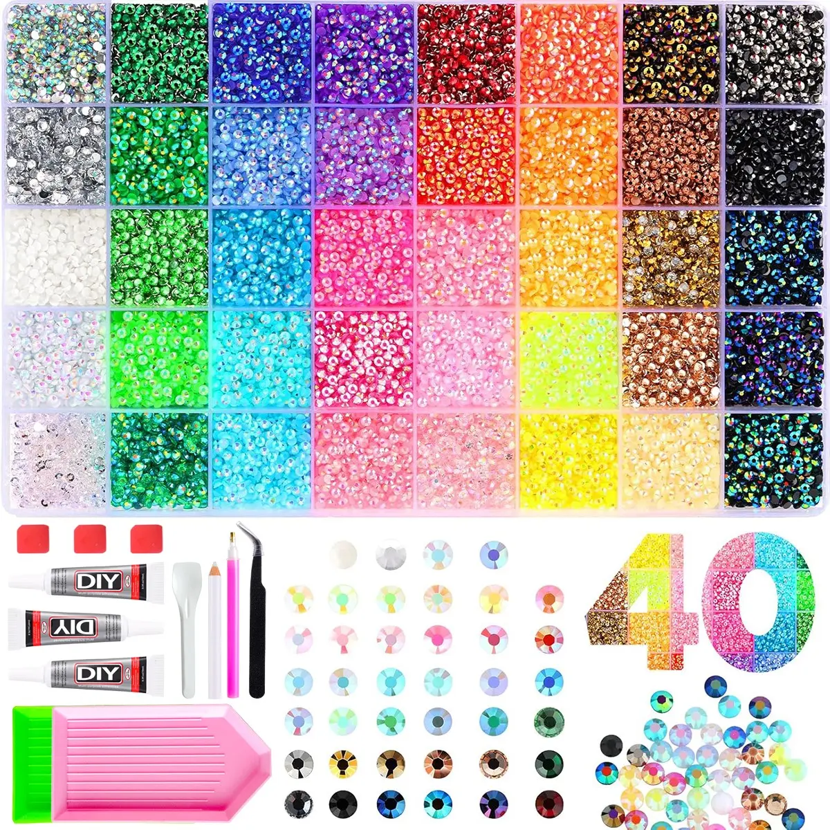 Rainbow Resin Rhinestones, 40 Colors DIY Nail Art Supplies, Home Nail Art, Jewelry Craft Kit, Nail Art Rhinestones, Flatback Crystals, with Adhesive Glue, Diamond Painting，Perfect for Christmas & Birthday Gifts