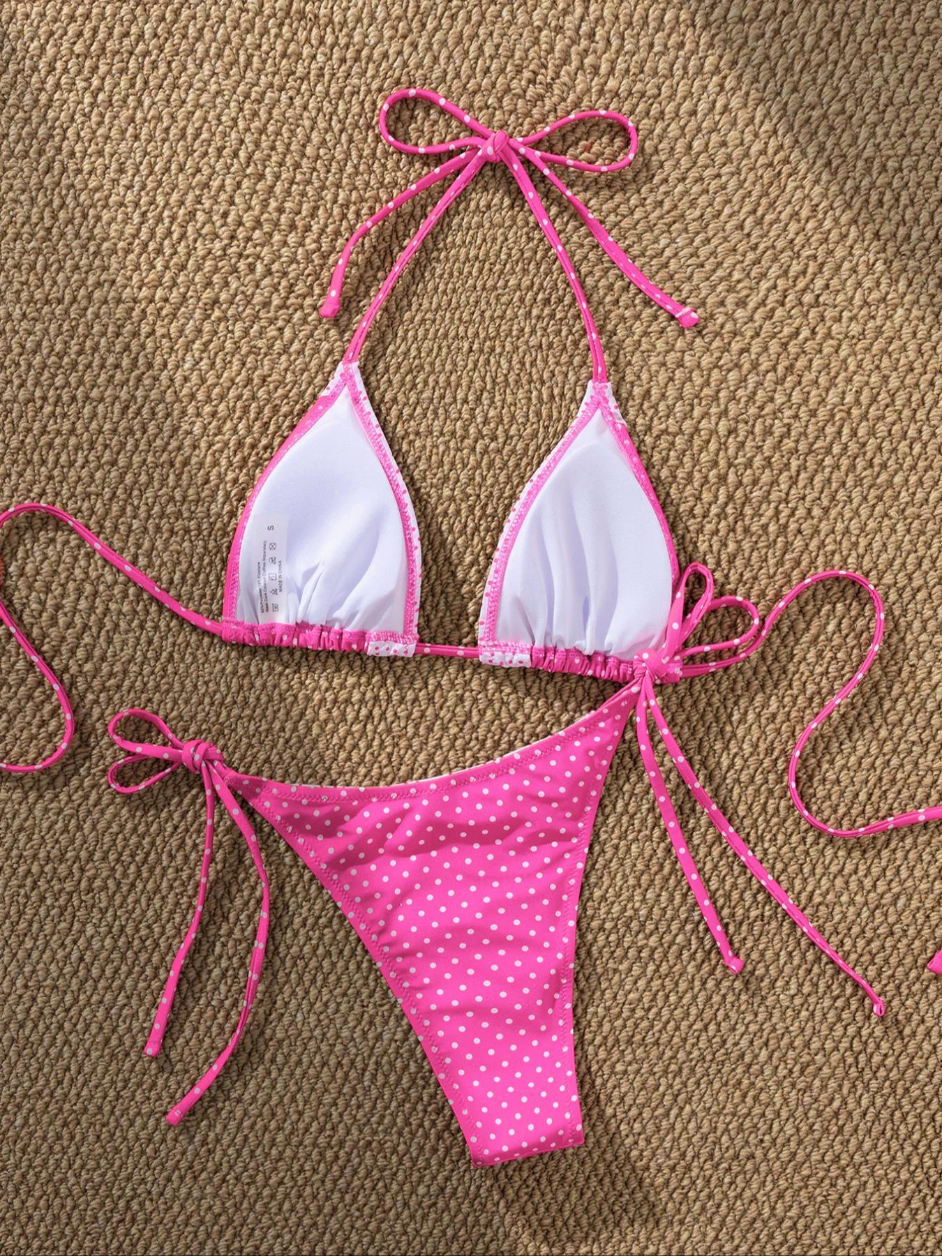 Two-piece Set Women's Polka Dot Print Bikini Set, Casual Fashion Chic Tie Back Swim Bra & Tie Side Swim Panty, Ladies Swimsuit for Beach Holiday Vacation, Colorblock Bikini Set, Summer Swimsuit Set, Swimsuit Style Bikini