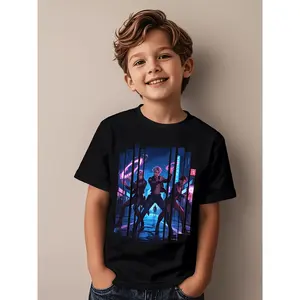 Boys' Anime K-pop Idol Print Paired with Dynamic Stage Design, Round Neck Short Sleeve Casual T-shirt, Suitable for Outdoor Activities, School, and Casual Wear - All-season Fashion and Comfort