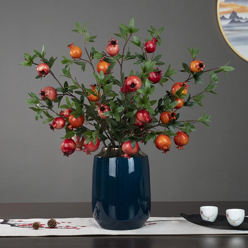 Artificial flower 6-headed pomegranate branch with pomegranate fruit ornament for housewarming, New Year's decoration, home living room floor decoration