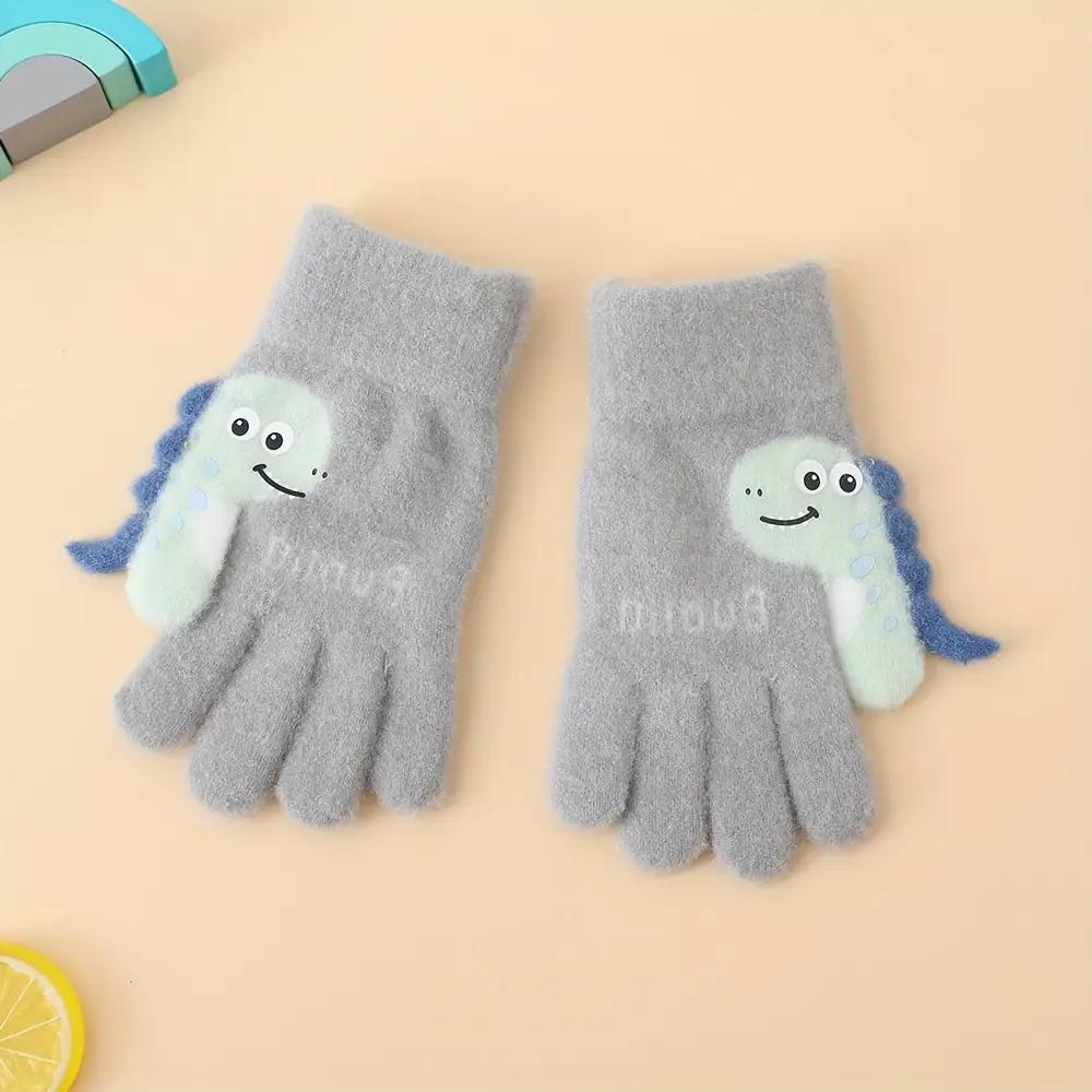 1 Pair of Youngsters's Gloves, Autumn and Winter Warm Plush Five-Finger Cute Cartoon Dinosaur Knitted Mittens for Boys & Girls, 3-7 Years Old