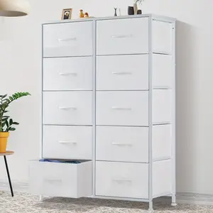 Tall Storage Drawers, Dresser for Bedroom, Fabric Storage Tower with 10 Drawers, Chest of Drawers with Fabric Bins, Sturdy Metal Frame, Wood Tabletop for Room, Closet, Entryway
