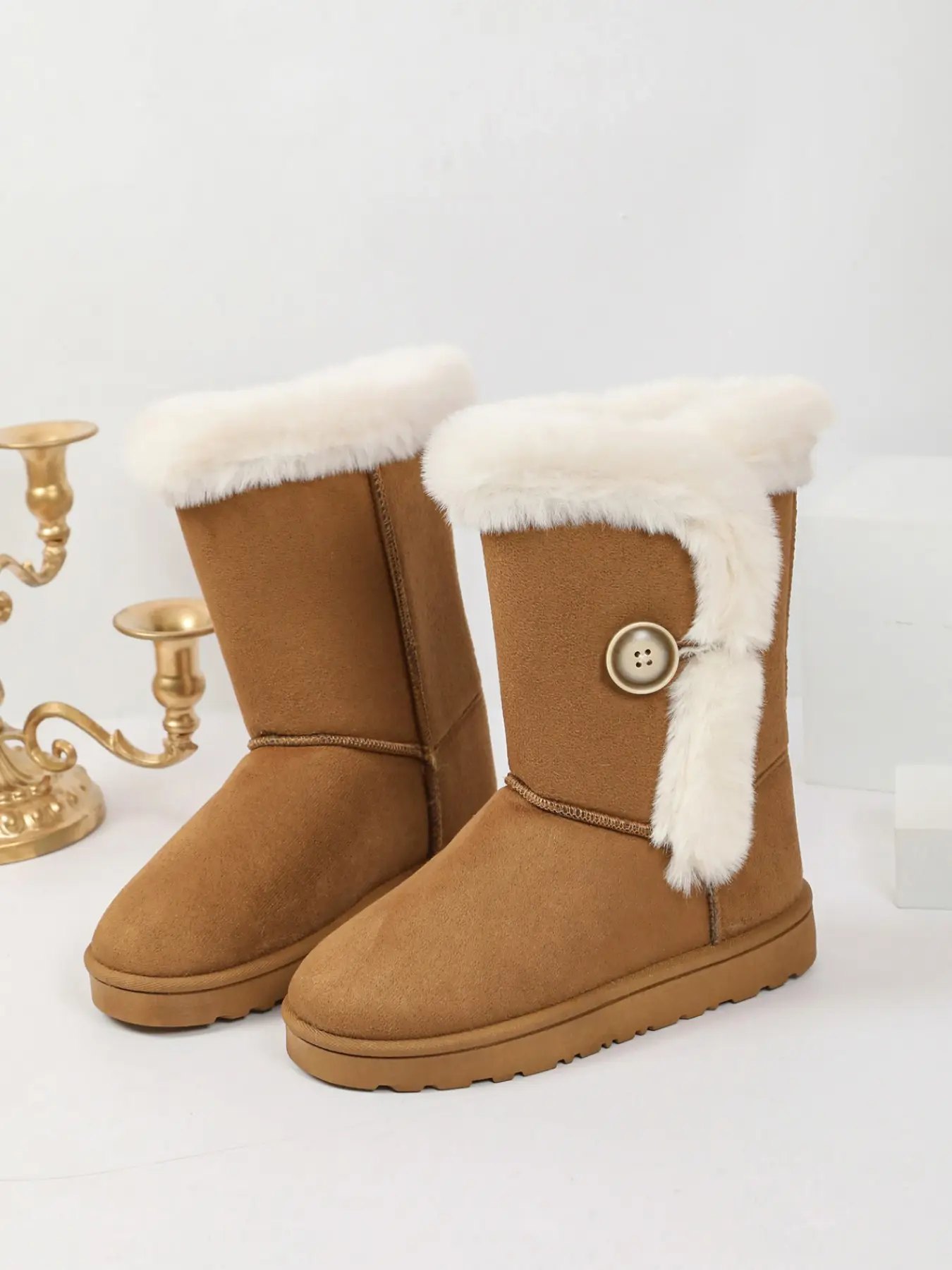 Women's Vintage Casual Mid-Calf Snow Boots, Faux Fur Button Design, Thickened Warm Anti-Slip Flat Sole, Fall Winter Outdoor Shoes