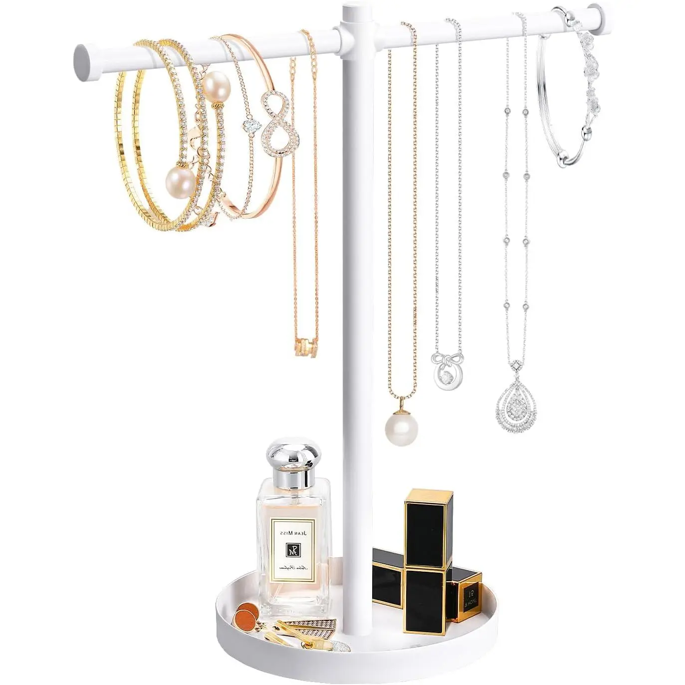 Necklace Holder Organizer,12.9" Sturdy Metal  Stand | with Round Tray for Bracelet Bangles Holder Display,Long Necklace Organizer Stand (white)