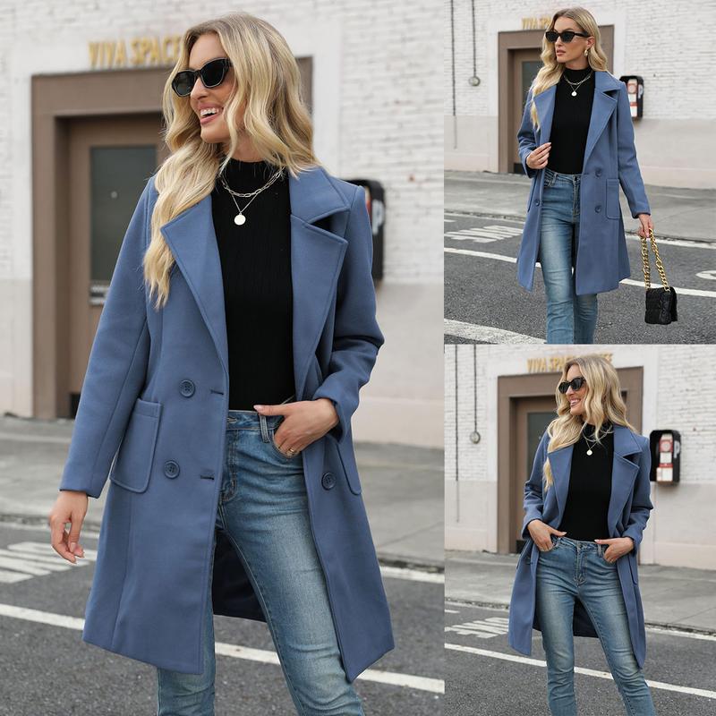 Molitree Women's Winter Wool Blend Camel Mid-Long Coat Notch Double-Breasted Lapel Jacket Outwear Womenswear Tops Minimalist Collared Casual Button