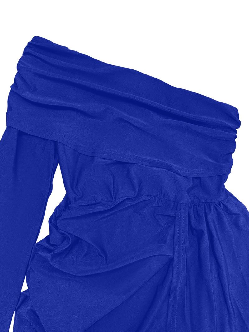 Aliling Women's Elegant Christmas Evening Dress, Asymmetrical One-Shoulder Maxi Gown, High-Waisted Ruched Long Dress