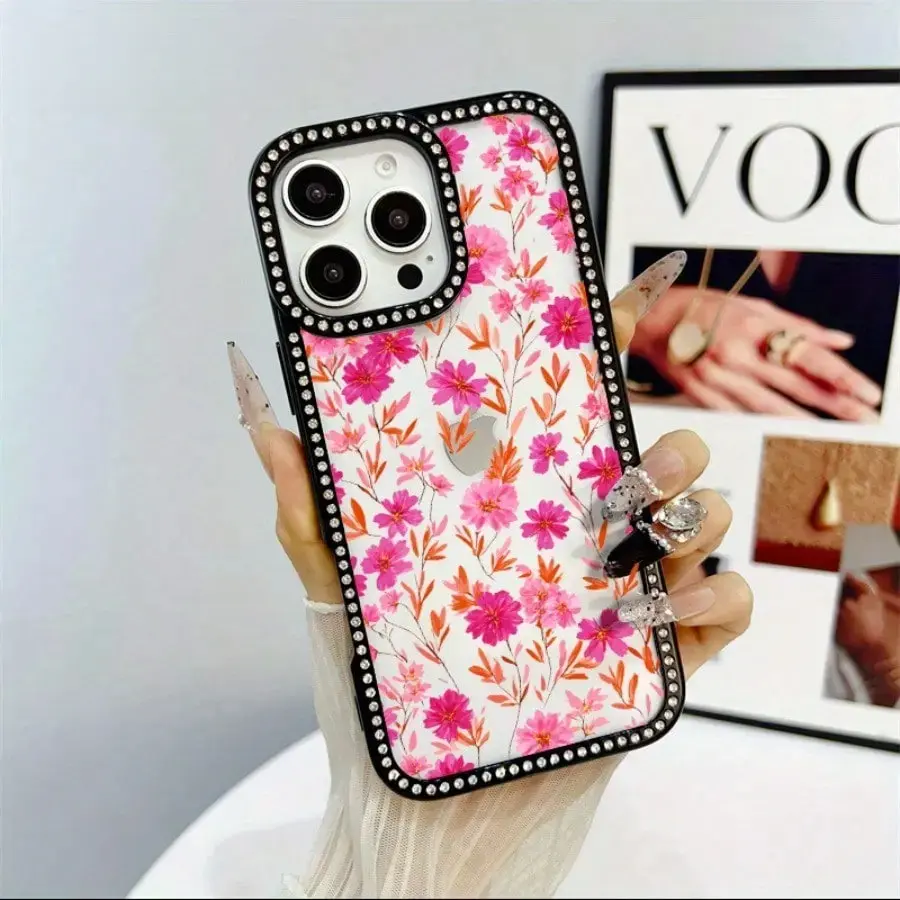 Pink Wildflower Print Double-Side Rhinestone Trim Clear Phone Case Compatible with iPhone 17 ProMax / 16 ProMax / 15 ProMax / 14 ProMax / 13 ProMax / 12 ProMax / 11 ProMax; iPhone 17AIR