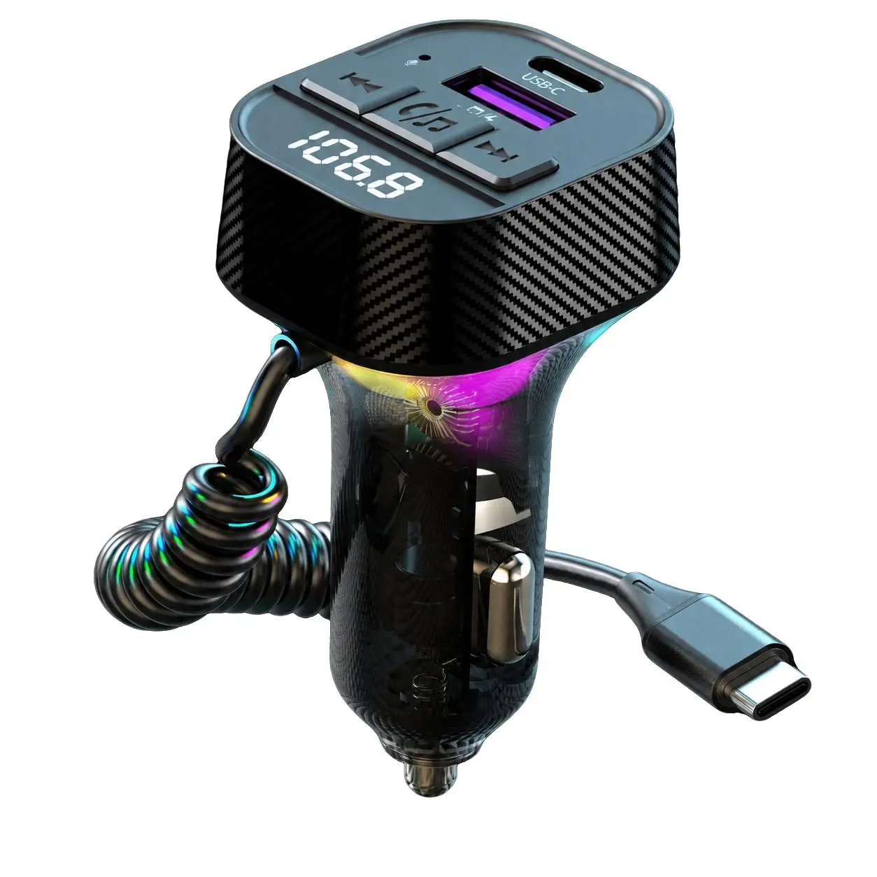 Pd30w Fast Charging Car BT-compatible Fm Transmitter, Integrated Car Charger, Type-C Extendable Spring Cable, Dual USB+Type-C, Music Player, Hands-Free Call, Ambient Light, Fast Charging Supported