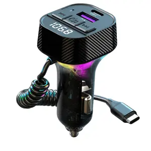 Pd30w Fast Charging Car BT-compatible Fm Transmitter, Integrated Car Charger, Type-C Extendable Spring Cable, Dual USB+Type-C, Music Player, Hands-Free Call, Ambient Light