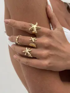 4 Piece Beach Style Starfish Shell Open Ring Set, Vintage Silver Color, Adjustable Band, Perfect for Vacation and Relaxation