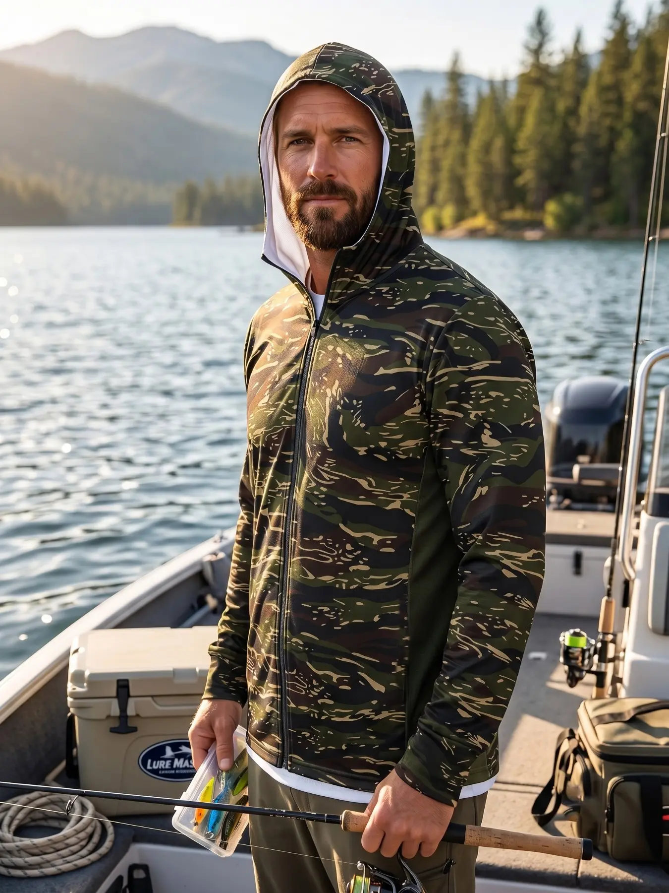 Full-Zip Hooded Jacket, Professional Honeycomb Mesh Fabric, Classic Forest Camo, Olive, Dark, Tan Stripes, Outdoor Activities