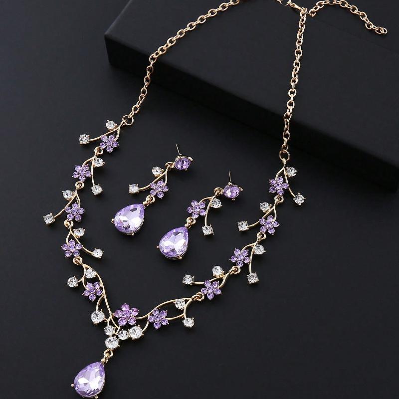 3Pcs Vintage Plum Purple Rhinestone Jewelry Set, Necklace & Earrings for Brides & Bridesmaids, Ideal for Weddings, Dinners & Holiday Gifts