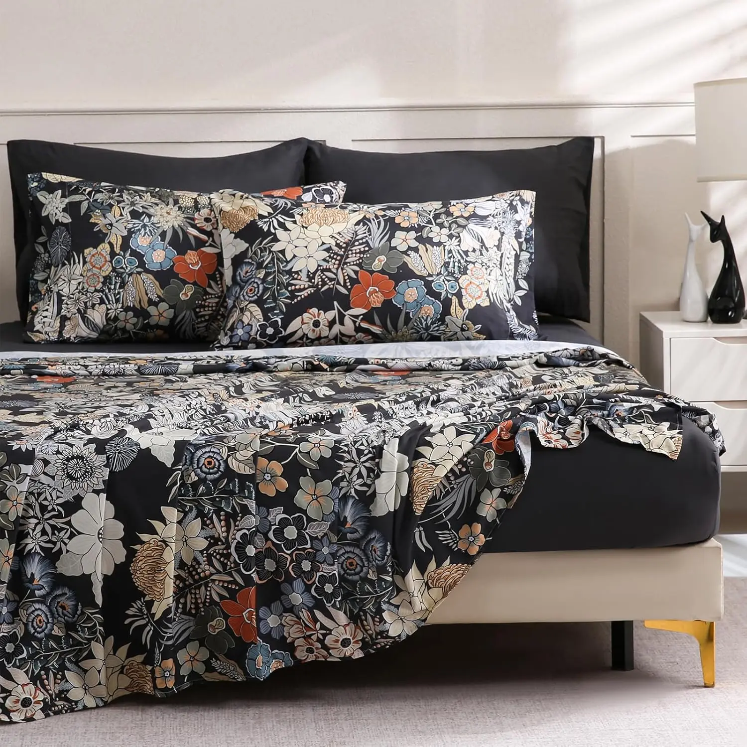 Flower Queen Size 6 Pcs Sheet Set, Breathable Microfiber Deep Pocket Black Fitted Sheets, Comfy & Breathable Patterned Flat Sheets,4 Gentle Soft Pillowcases, Midnight Blossoms