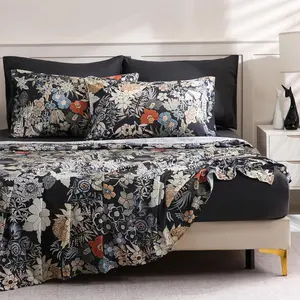 Flower Queen Size 6 Pcs Sheet Set, Breathable Microfiber Deep Pocket Black Fitted Sheets, Comfy & Breathable Patterned Flat Sheets,4 Gentle Soft Pillowcases, Midnight Blossoms