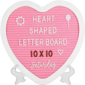 10x10 Inches Heart-Shaped Felt Letter Message Board with 465 Changeable White & Golden Letters Numbers Cursive Words and Stand for Party Pregnancy Wall Tabletop Decor (Pink)