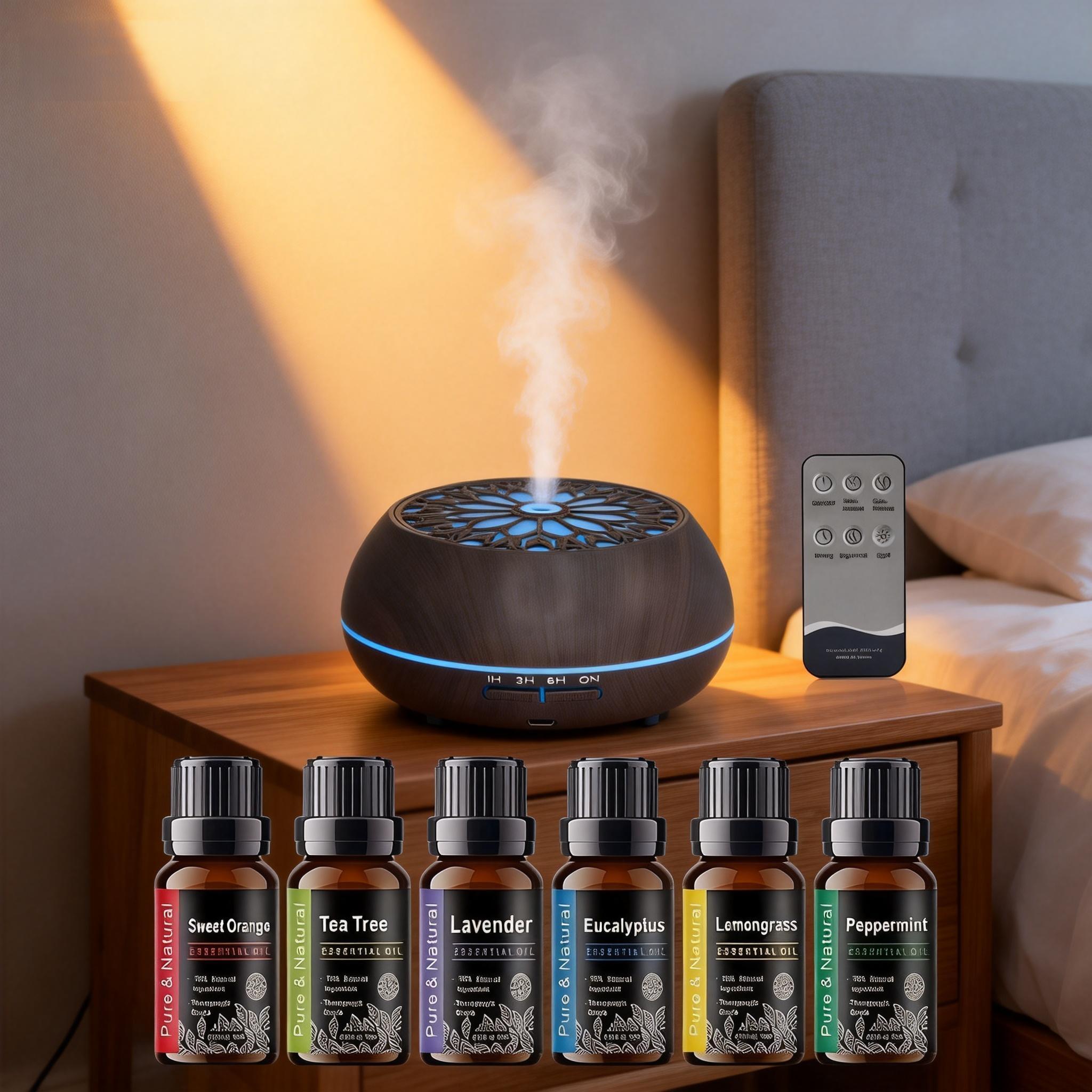550ml Large-Capacity Essential Oil Diffuser | Remote Control + 6 Essential Oil Blends Included | 7-Color LED Lights & Auto Shut-Off | Ideal for Home, Office and Spa