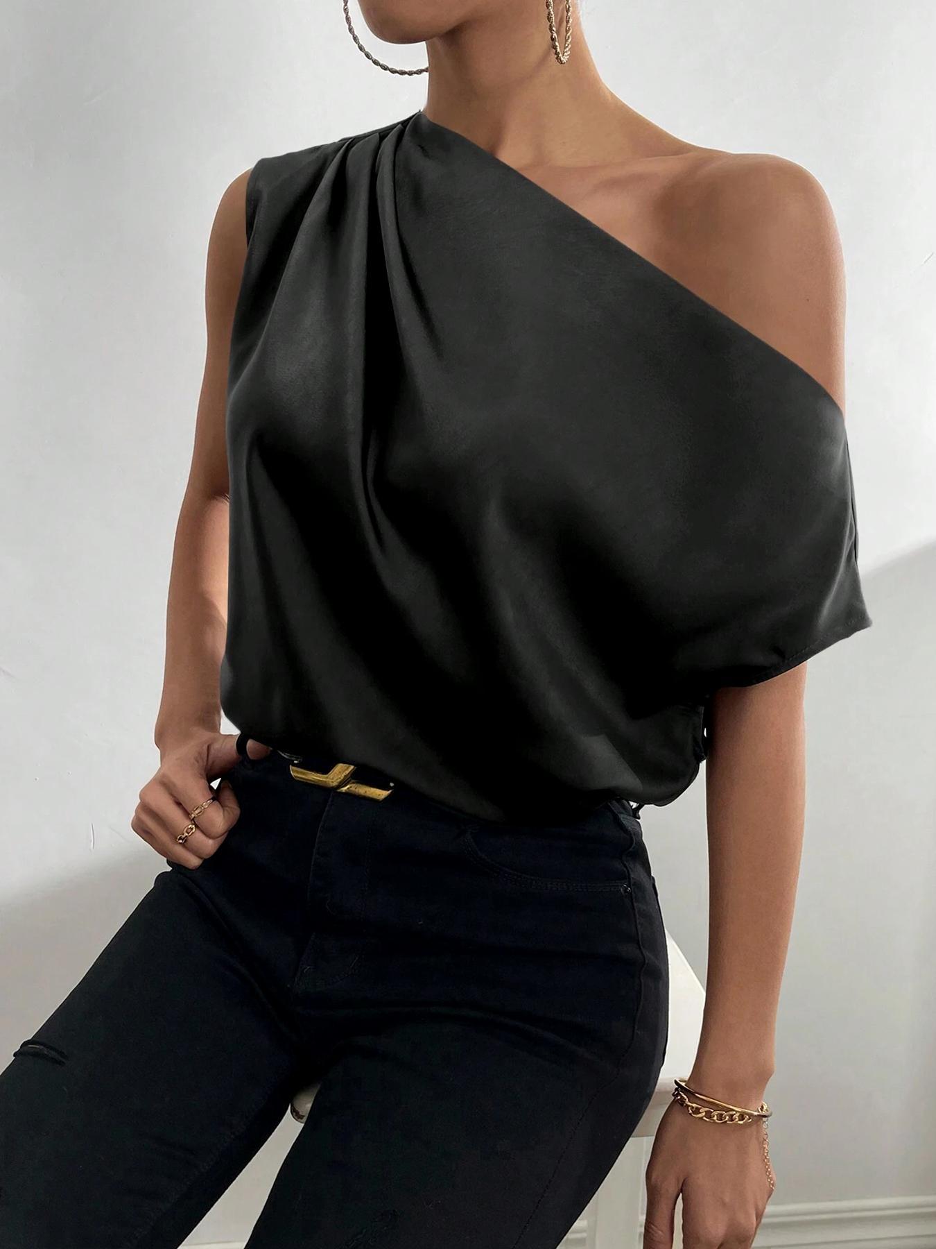 Women's Plain Blouse, Chic Casual One Shoulder Top for Daily Wear, Ladies Clothes for All Seasons