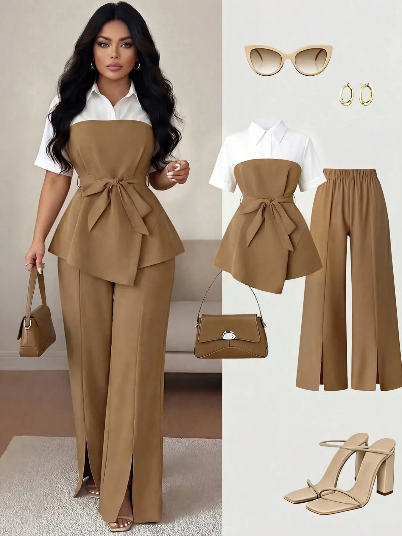 Plus Size Women’s Elegant 2 Piece Suit Set, Contrast Peplum Blouse with Split Hem Straight Leg Pants, Sophisticated Office Outfit for Work, Business Casual, Date Night and Events