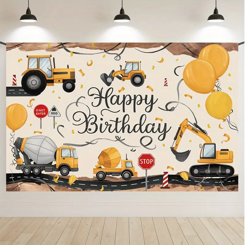 Construction Theme Birthday Backdrop Banner with Builder Design for Kids Party, Photography and Celebration Decor