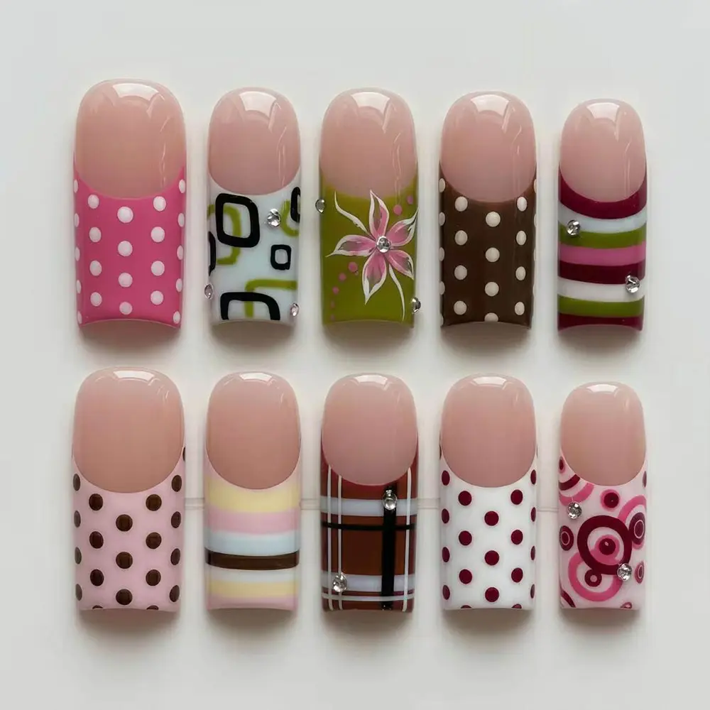 24pcs Long Coffin Nails, Floral & Polka Dot Nails with Pearl Decor, French Tip, Perfect Fit False Nails Set, Includes Adhesive & Nail File, Fake Nails