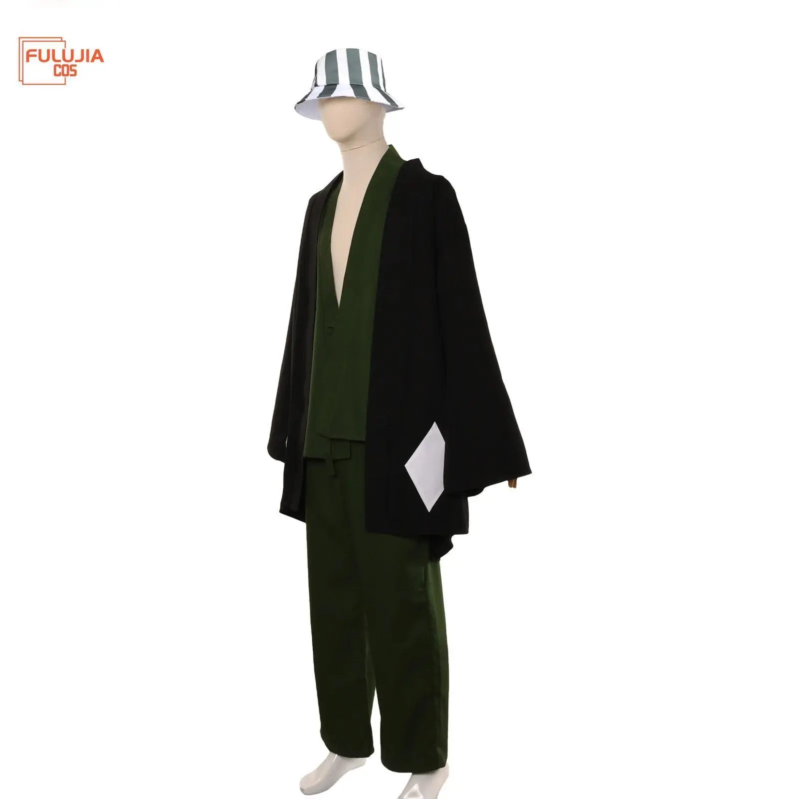 Fulujiacos Urahara Kisuke Anime Cosplay Kimono Uniform with Hat, Men's Black Polyester Fabric Clothes with Drape for Halloween Cosplay Look
