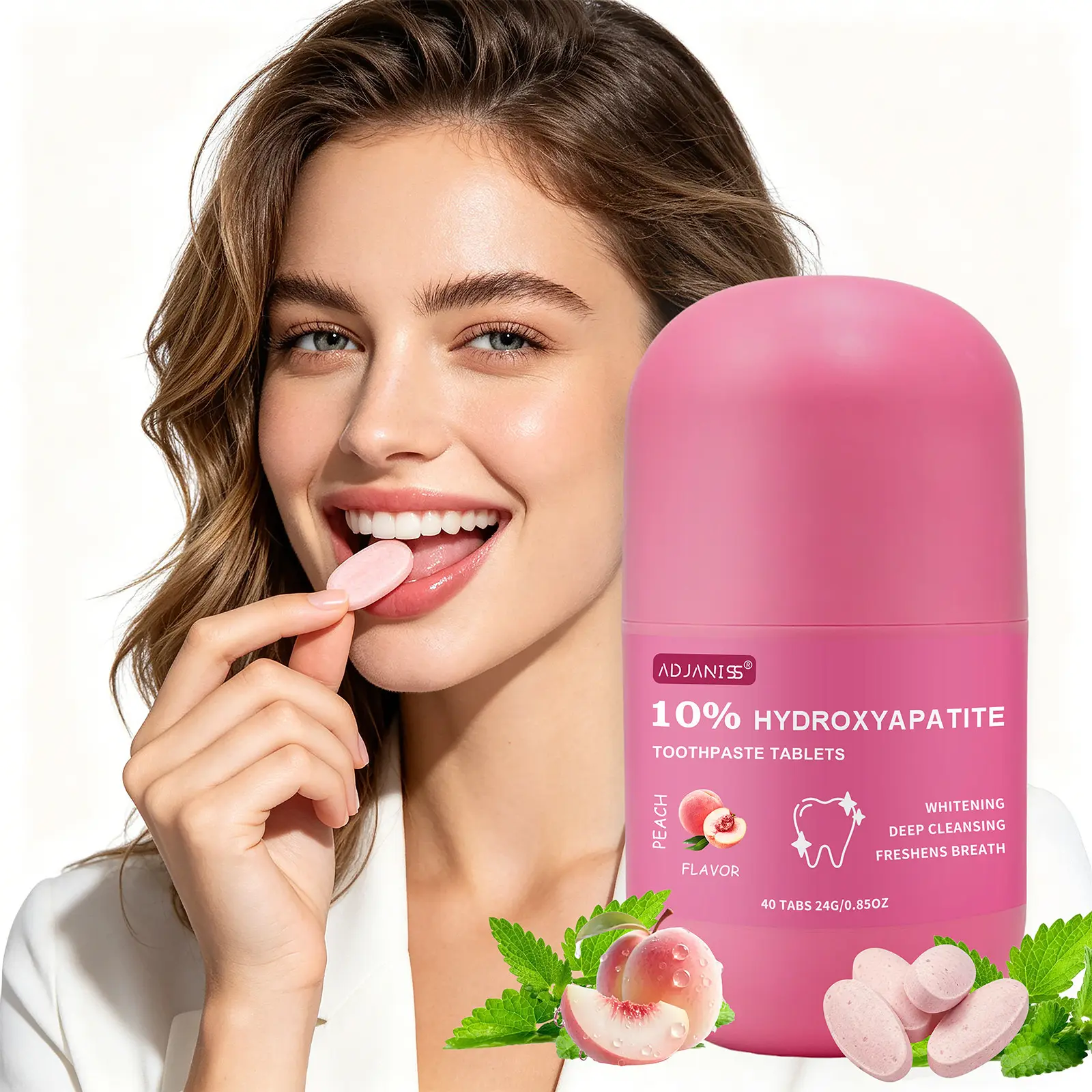Personal Care Oral Care Toothpaste Tablets 40/80 Pcs, Peach Flavor, 10% Hydroxyapatite, Fresh Breath, Portable Travel Dental Care