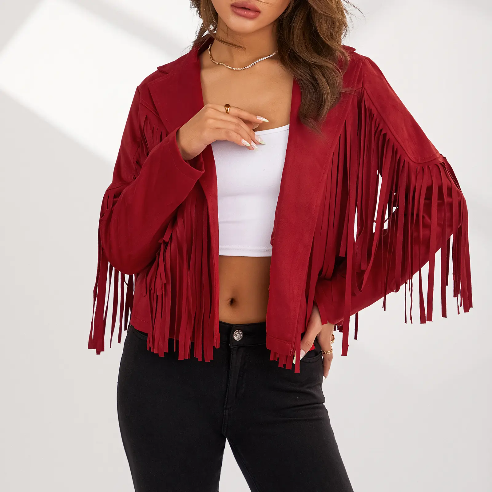 Women Solid Color Collared Jacket with Tassels, Long Sleeve Open Front Coat, Black/ Coffee/ Pink