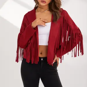Women Solid Color Collared Jacket with Tassels, Long Sleeve Open Front Coat, Black/ Coffee/ Pink