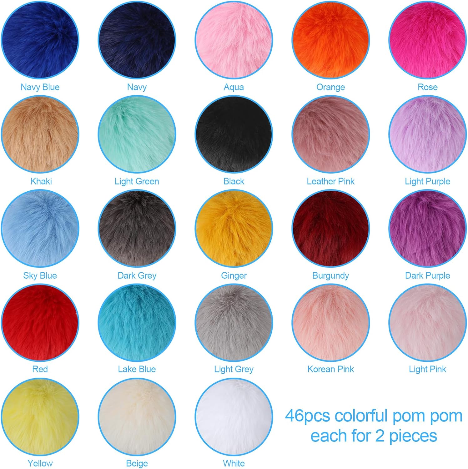 Pack of 46 Pompoms Lmitation Rabbit Fur Ball, with Elastic Ring DIY Fluffy Ball, 23 Colours in Pairs, Suitable for Hats, Brimless Hats, Shoes, Scarves, Gloves, Bags, Accessories, Handmade Accessories Decorations