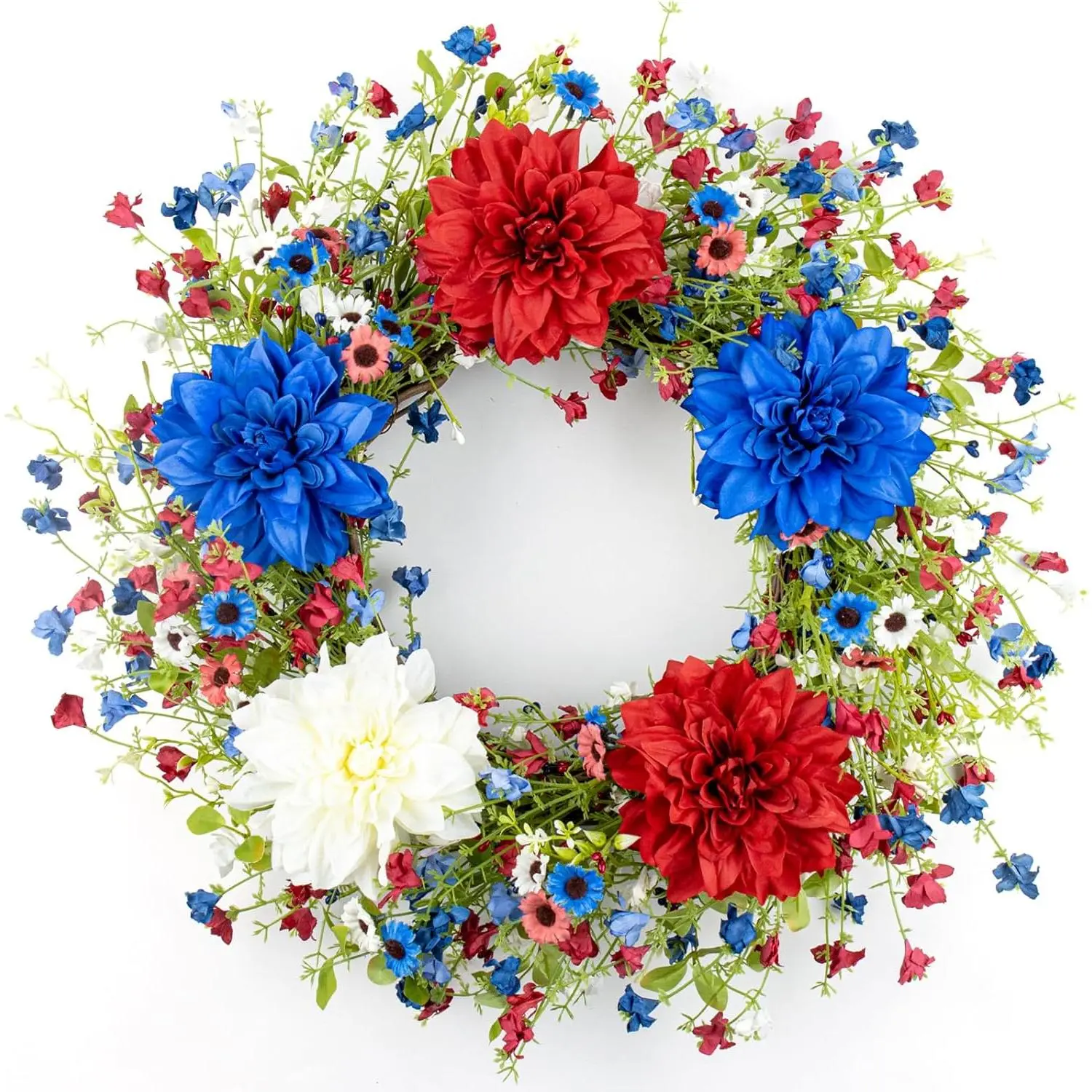 22 Inch 4th of July Wreaths for Front Door Artificial Patriotic Wreath Red White and Blue Wreath with Dahlia for Independence Day Memorial Day Flag Day Decor