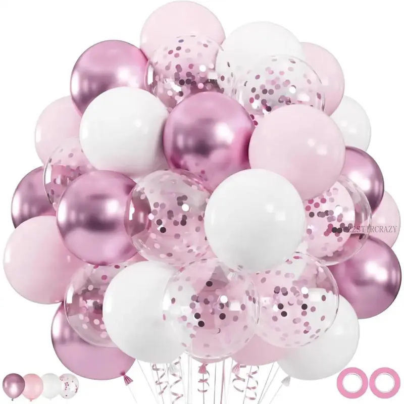 100pcs Self-Sealing Rubber Balloon Set, 12-in Metallic Pastel Pink & White Balls, 66ft Ribbon for Easy Hanging, Premium Durable Party Decor for Birthday Princess Theme Events22STIRCRAZY