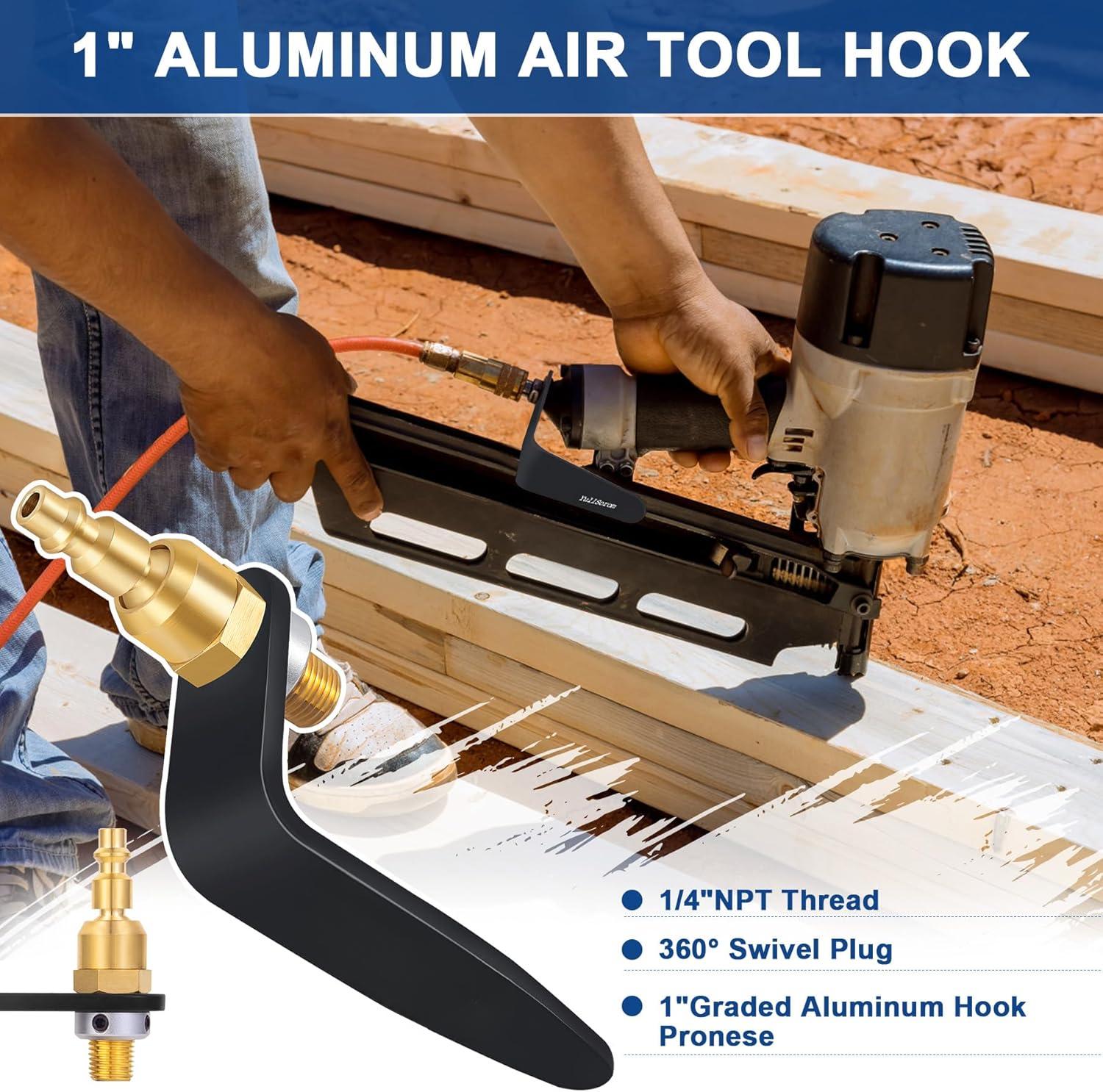 1" Aluminum Pneumatic Tool Hook with 1/4" Air Tool Swivel Fitting, 3/8 1/4 NPT ,Brass Bushing, Aluminum Pneumatic Tool Rafter Hook Hanger for Air Nailer,Air Blow Gunetc