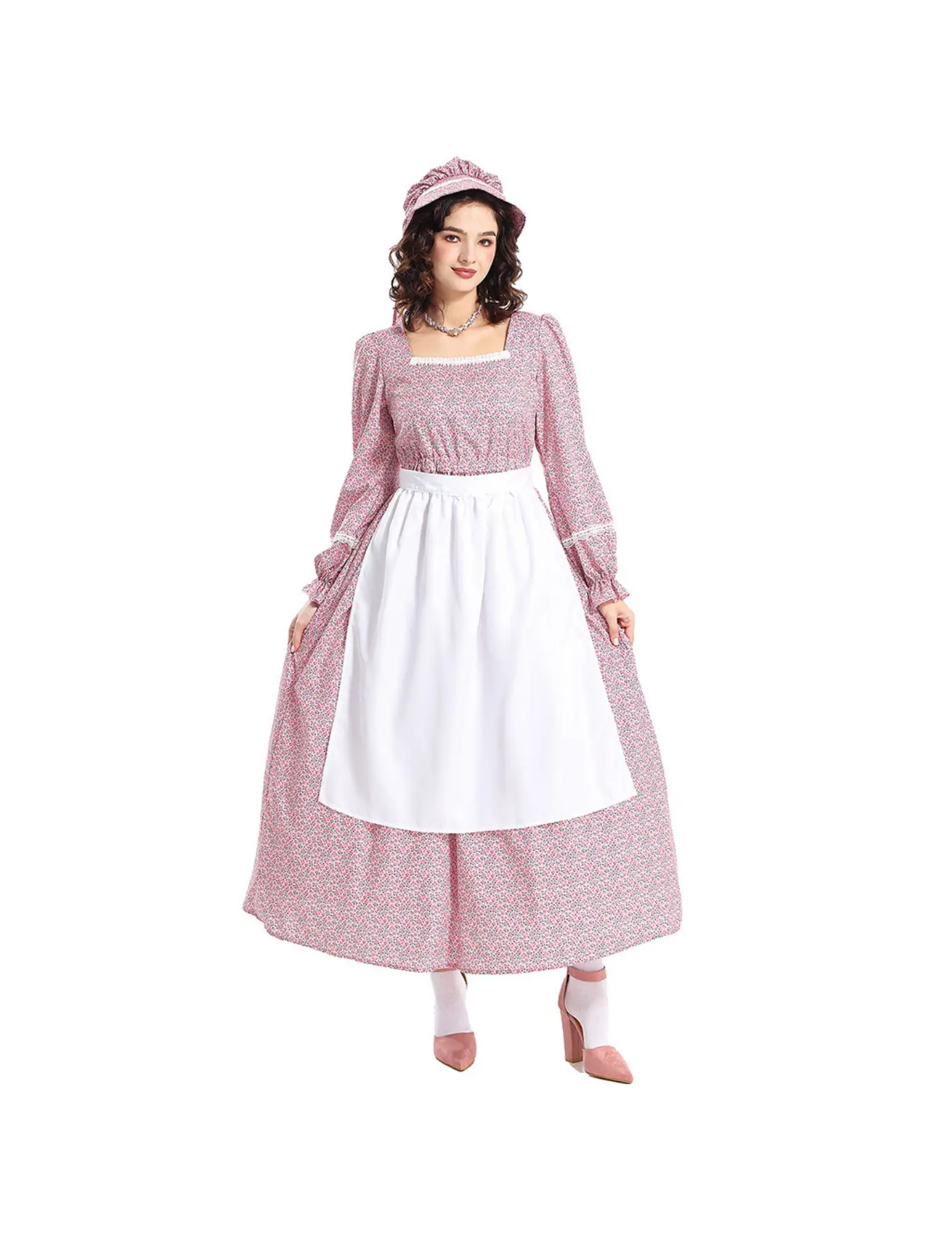Halloween Prairie Colonial Flower Square Collar Dress Civil War Vanguard Costume Colonial Women's Dress